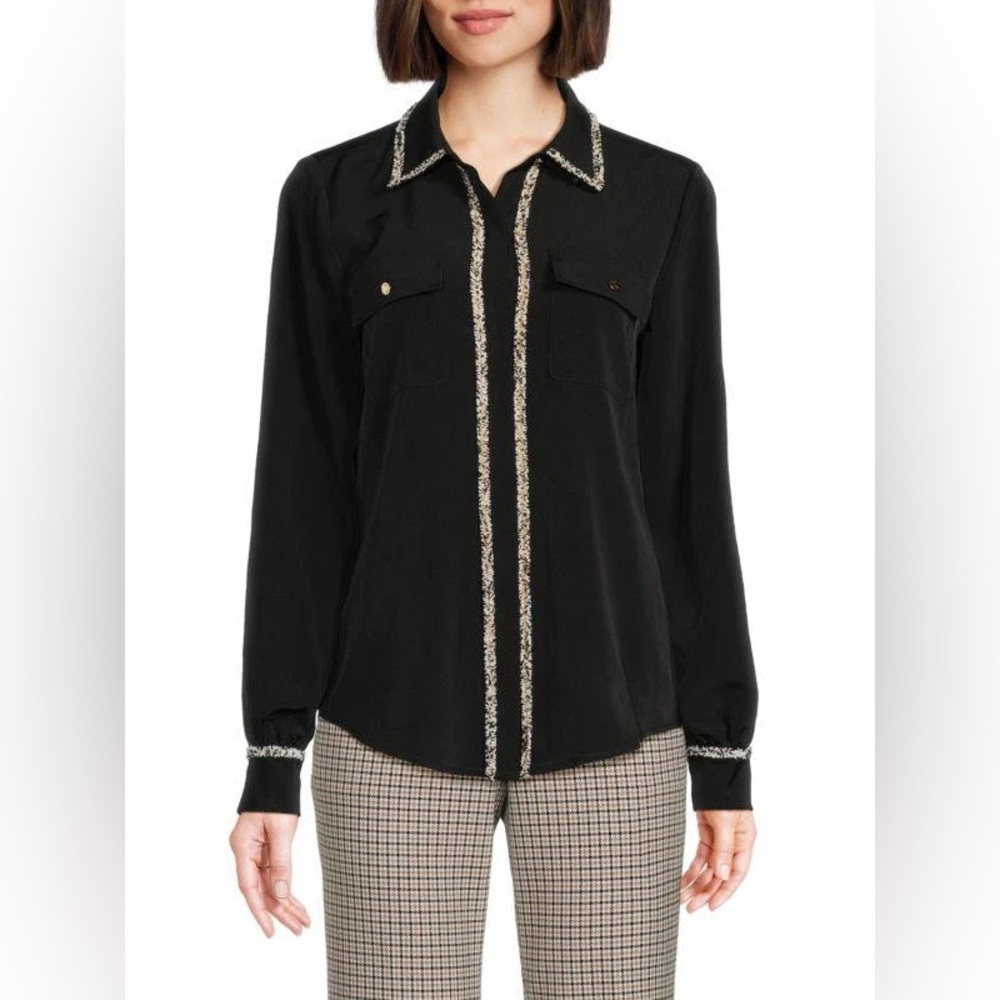 NWT Karl Lagerfeld Paris Women’s Black Fringe Trim Button Shirt Size S